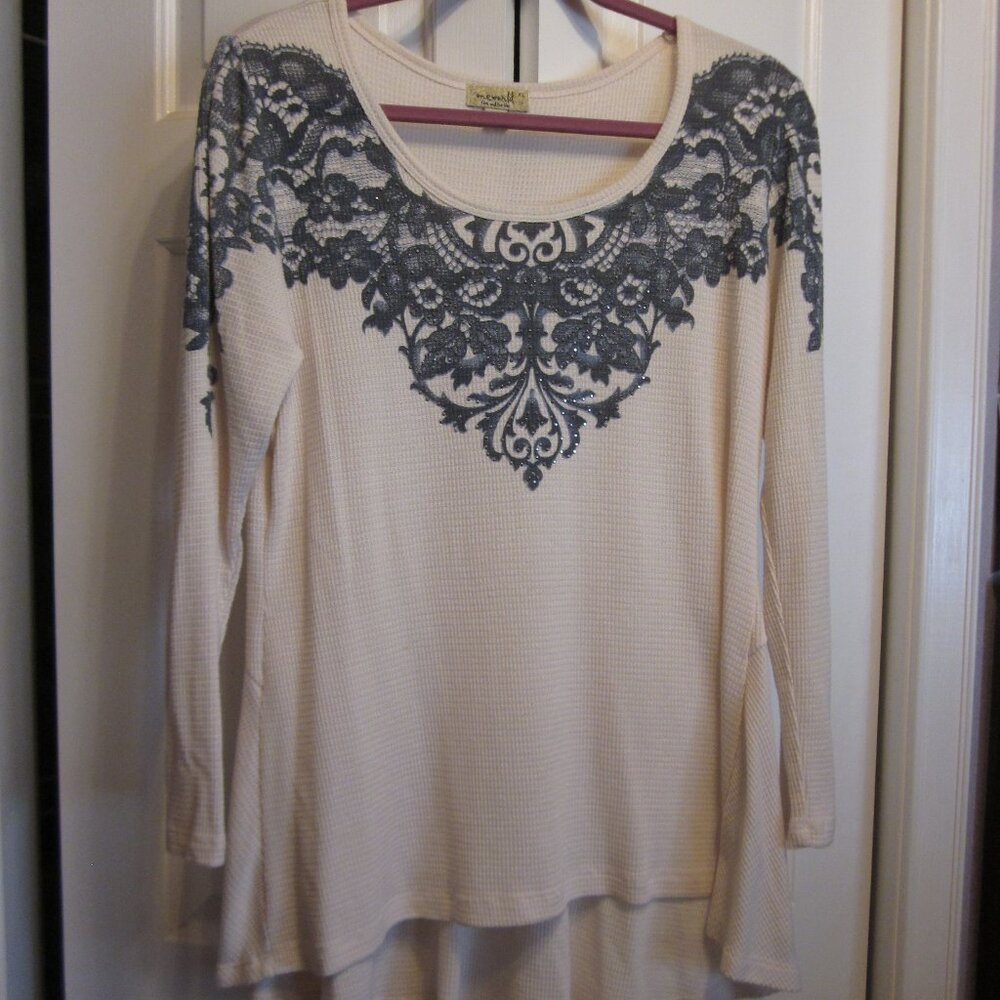 One World Cream Gray Waffle Knit Bustle Back Tunic Sz XL